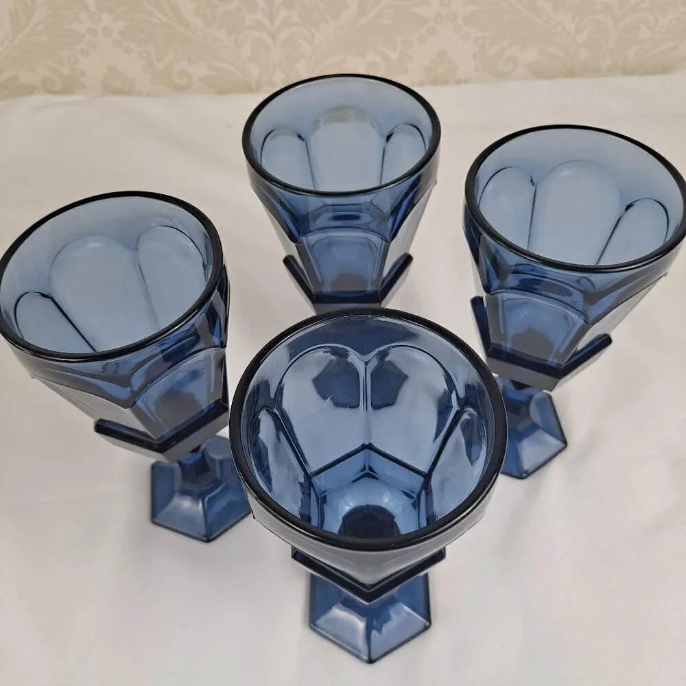 Fostoria Glass Virginia Wine Glasses Dark Denim Blue Set of 4 Vintage